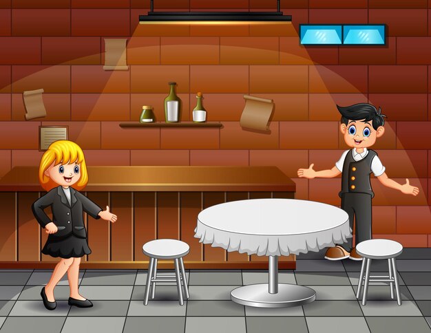 Illustration of a waiter inviting his customers in the cafe