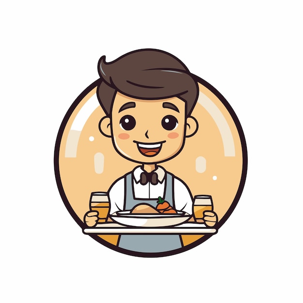 Иллюстрация официанта, подающего тарелку еды в ресторане