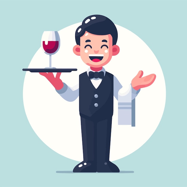 illustration of a waiter standing with a glass of drink