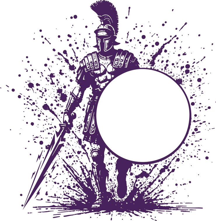 illustration of a walking forward ancient roman warrior in armor helmet with feathers with sword and