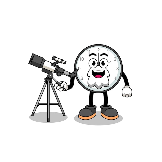 Illustration of wall clock mascot as an astronomer