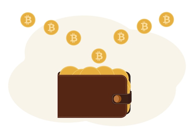 Illustration of a wallet full of coins with the image of cryptocurrency