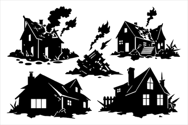 Vector illustration of war or earthquake damaged buildings collection