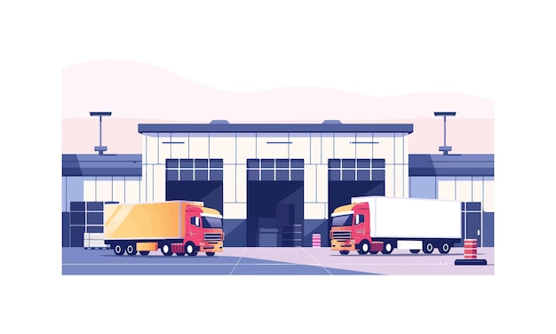 Vector illustration of warehouse exterior with trucks