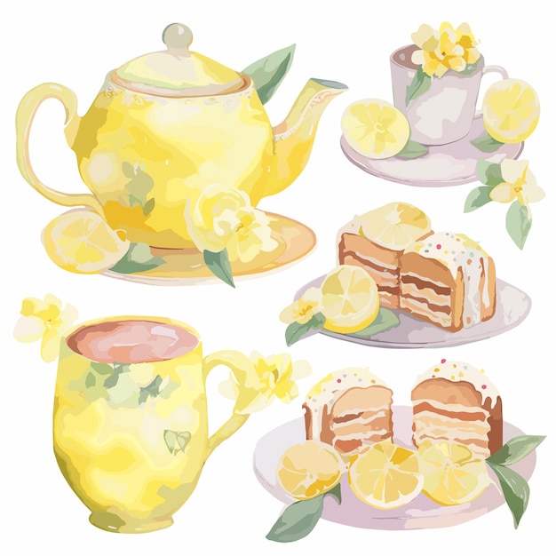 Вектор Иллюстрация акварель чайника чайный элемент времени лимонный чайный клипарт