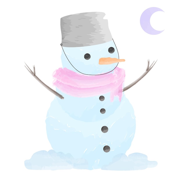 Vector illustration of a watercolor snowman wearing scarf and bucket hat