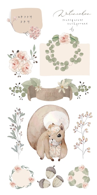 Illustration watercolor squirrel, flower, leaf and natural wild hand drawn set