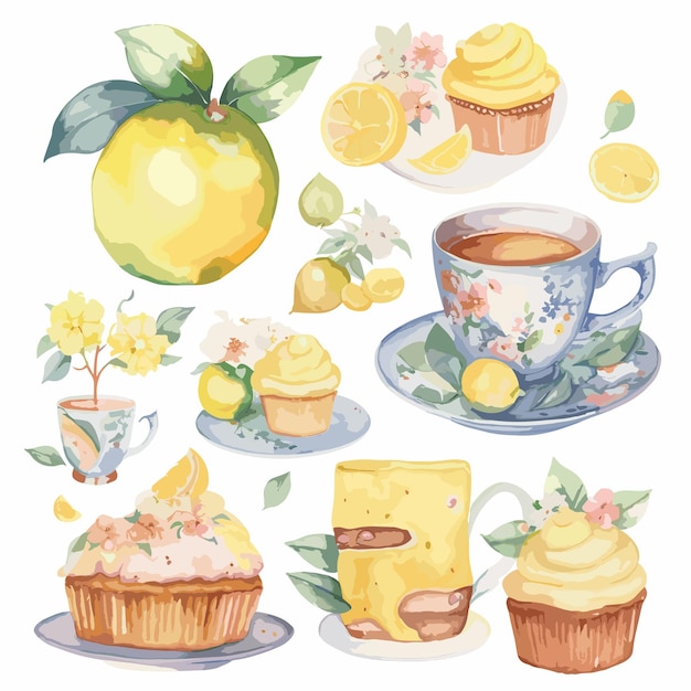 illustration watercolor of teapot tea time element lemon tea clipart