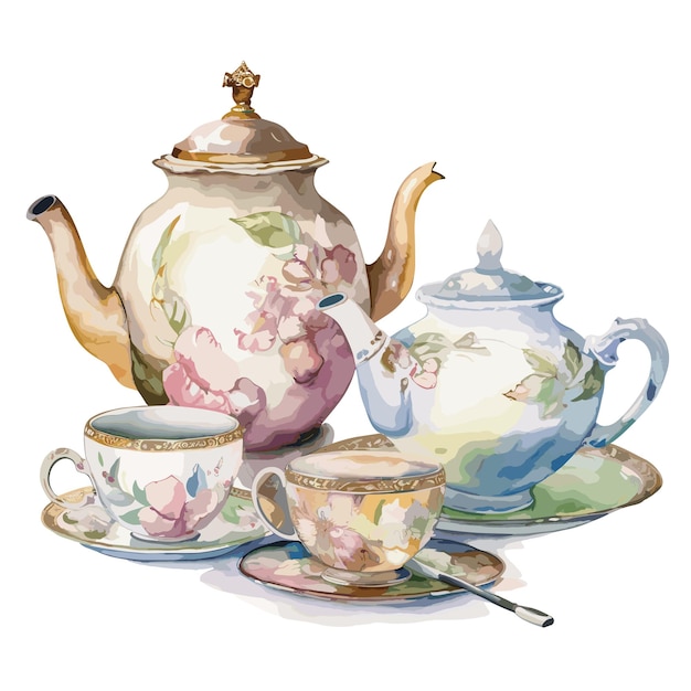 Illustration watercolor of teapot tea time element