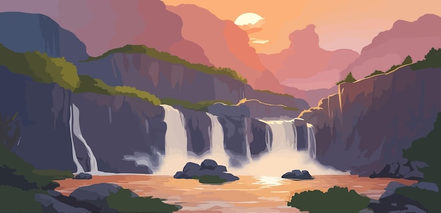 Vector an illustration of waterfall during a sunset