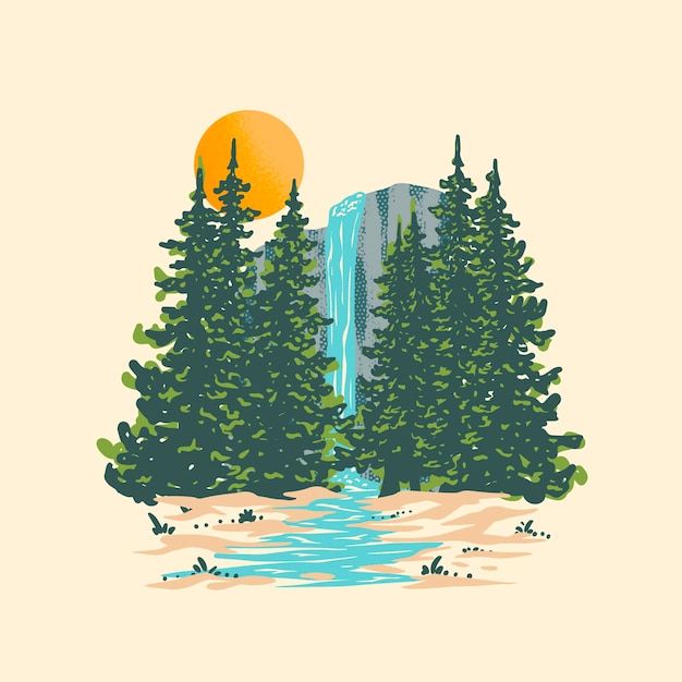 illustration of a waterfall in the middle of the forest