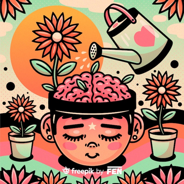 Vector illustration of watering can on woman's brain