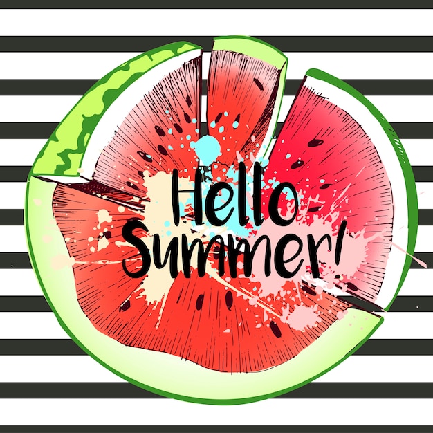 Vector illustration of watermelon. round border composition. hello summer. hand drawn art.