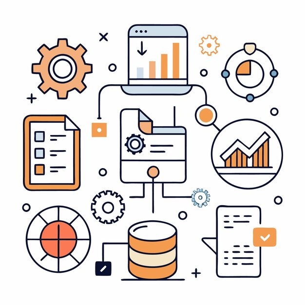 illustration of web development process with icons for data coding website analytics charts and checklist