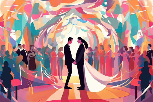 Vettore un'illustrazione di una coppia di sposi in piedi davanti a una folla