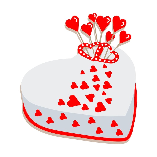 Illustration white cake in the shape of a heart decorated with red hearts