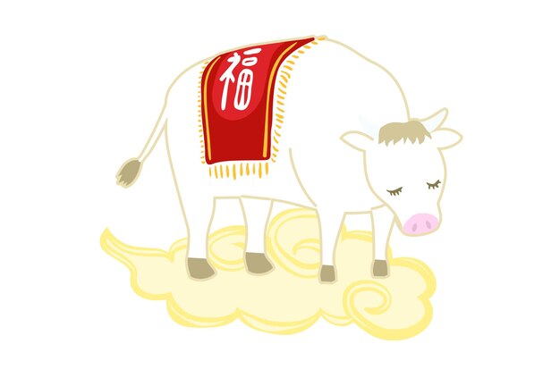 Illustration of a white cow standing in kinto'un translation fortune