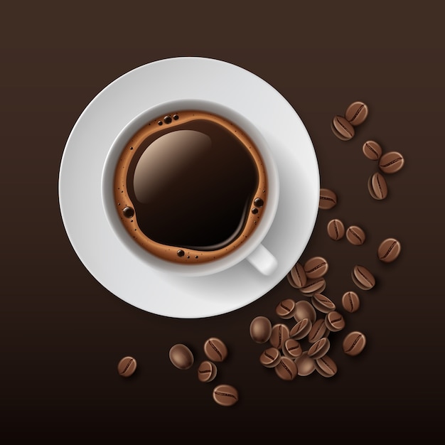 Illustration of white cup of coffee with saucer and beans around