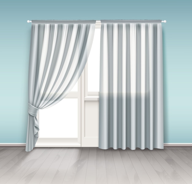  illustration of white curtains hang on window with balcony door isolated on white background