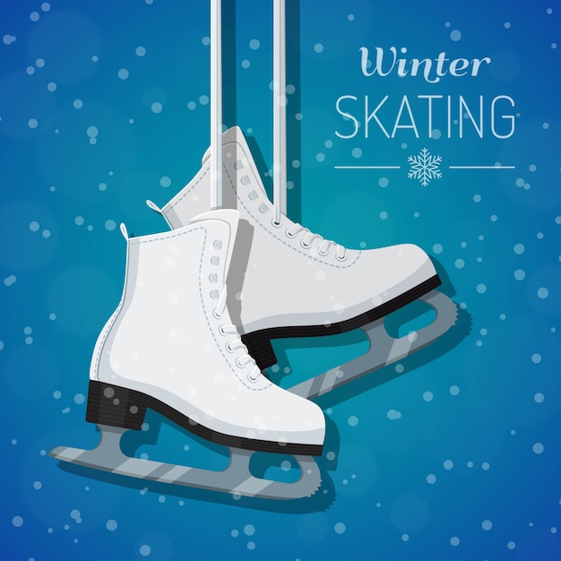 Vector illustration of white ice skates on winter background