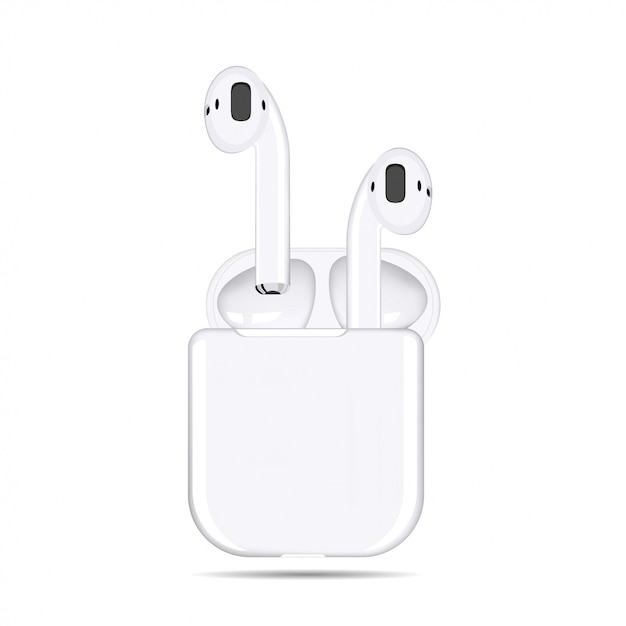  illustration of white wireless headphones in a case on a white background