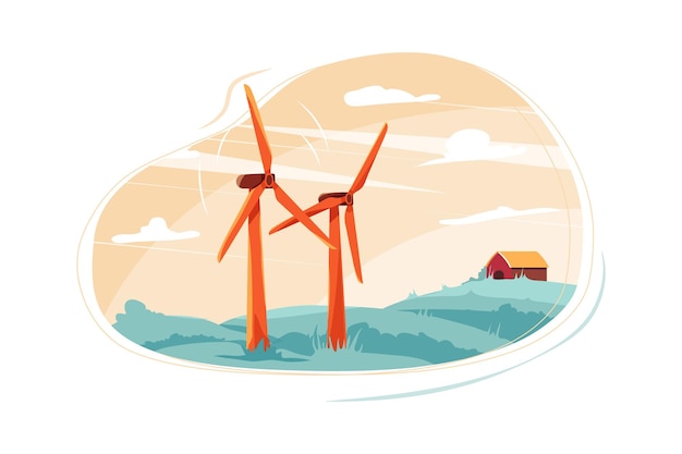 Vector illustration of wind turbines in a field with a house in the background