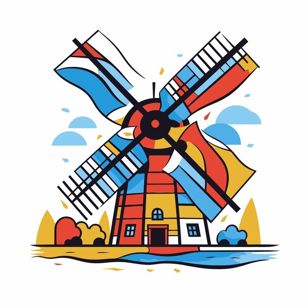 Vettore illustrazione di un mulino a vento in stile pop art