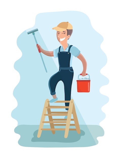 Vector illustration of window washer is cleaning window using a squeegee. housekeeping service