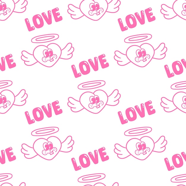 Illustration of winged heart cartoon mascot seamless pattern