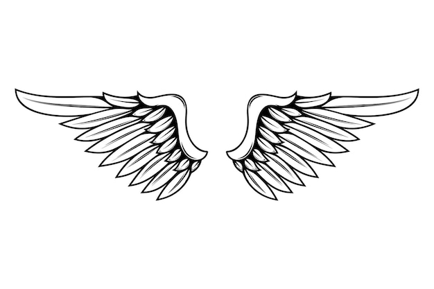 白い背景で隔離のタトゥースタイルの翼のイラスト。ロゴ、ラベル、バッジ、サインのデザイン要素。ベクトルイラスト