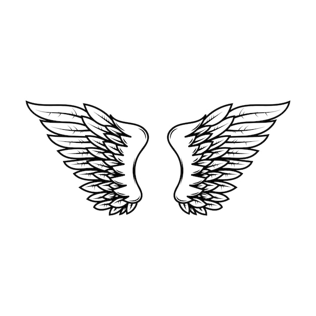 白い背景で隔離のタトゥースタイルの翼のイラスト。ロゴ、ラベル、バッジ、サインのデザイン要素。ベクトルイラスト