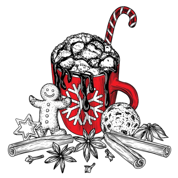 Vector illustration of winter drinks cocoa with marshmallows and gingerbread