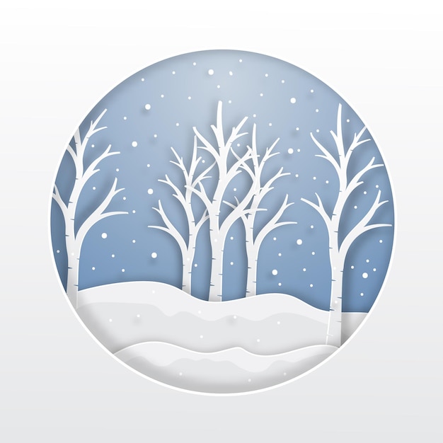 Иллюстрация зимнего пейзажа со снегопадом в лесу и местом для текста, вырезанной из бумаги и векторной иллюстрацией ремесленного дизайна