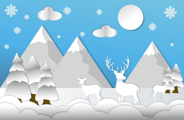 Illustration of winter season with the Mountains trees and deer Creative concept of winter celebration Paper art style Vector illustration