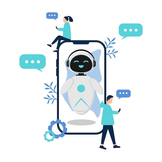 Vettore illustrazione con il personaggio del chat bot di intelligenza artificiale nel telefono e in chat il telefono i