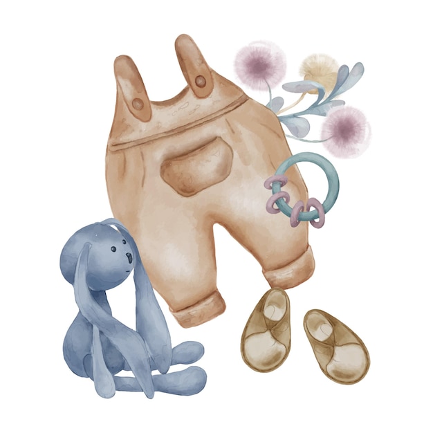 Illustrazione con vestiti per bambini giocattolo e fiore isolati su sfondo bianco lepre coniglietto morbido disegnato a mano stivali per bambini in tonalità pastello elementi per etichette per inviti stampa festa di compleanno