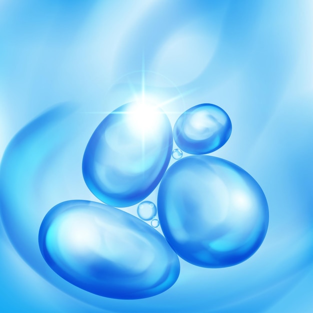 Вектор Иллюстрация с красивыми реалистичными пузырьками воздуха с яркими бликами, плавающими в воде или другой жидкости голубого цвета