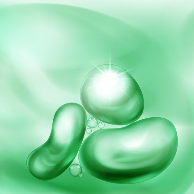 Illustration with beautiful realistic air bubbles with bright glare floating in water or other liquid in green color