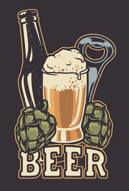 Vector illustration with a bottle of beer and hop cones.