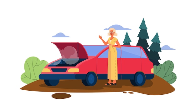 Illustration with broken down car on a road. car breaking down accidentally on the road. sad and scared driver.