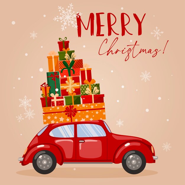 Illustration with a car and various boxes with gifts.