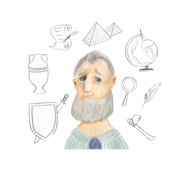 Illustrazione con matite colorate ritratto di un insegnante di storia
