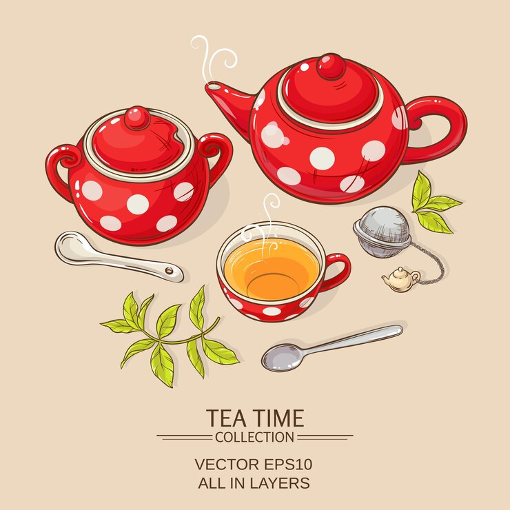 Vector illustration with cup of tea, teapot and sugar bowl on brown background