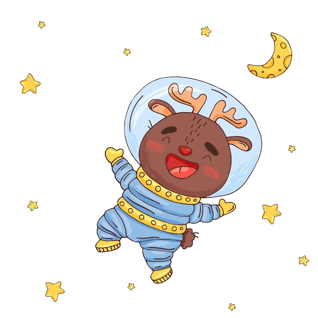 Illustration with cute cartoon deer astronaut in space Element for print postcard and poster Vector illustration