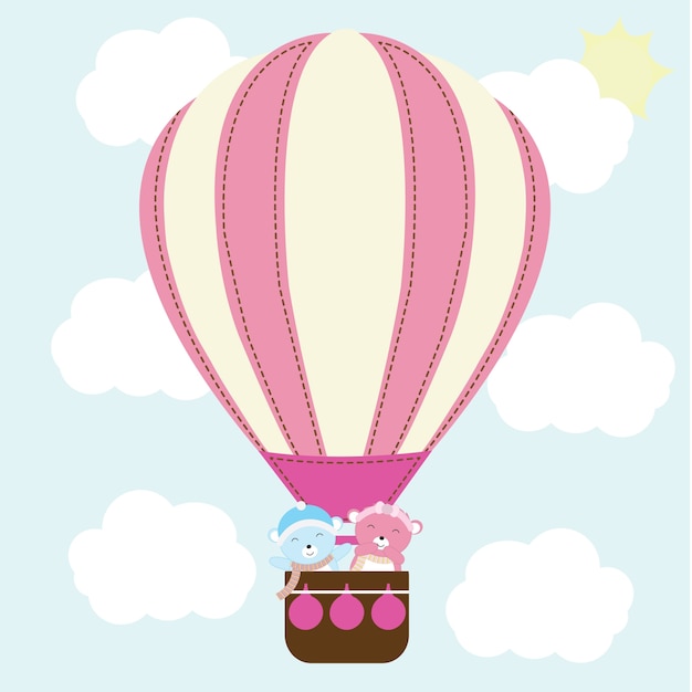 발렌타인 데이 카드에 적합한 하늘에 뜨거운 공기 풍선에 귀여운 커플 곰 그림