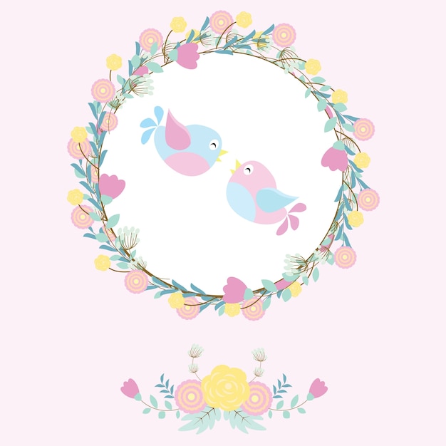 Illustration with cute couple birds on flower wreath suitable for valentine day card