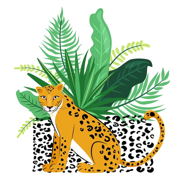 Vettore illustrazione con leopardo carino e piante tropicali poster della giungla esotica di moda