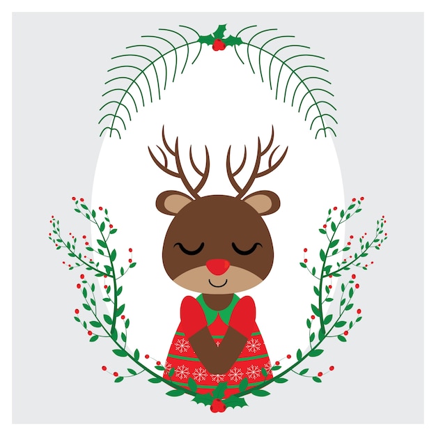 Vector illustration with cute reindeer girl sleeps on red berry frame suitable for chritsmas card design