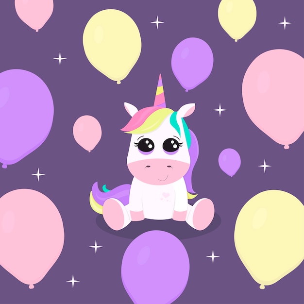 Illustration with cute unicorn balloons stars on dark violet background it can be used like card or invitation or in print and typography