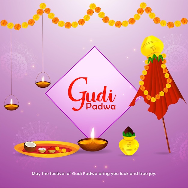 Illustration with decorated background of Gudi Padwa spring festival celebration in Maharashtra India